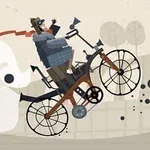 帽子をかぶった男性が二輪車に乗り、空中で飛び上がっているイラスト。