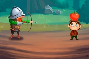 キャラクターが弓を構え、別のキャラクターの頭に載せたリンゴを狙っているイラスト。
