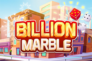 明るい街並みの背景に大きくBillion Marbleの文字が浮かび、2つのサイコロが空中に見えるイラスト。