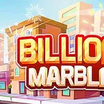 明るい街並みの背景に大きくBillion Marbleの文字が浮かび、2つのサイコロが空中に見えるイラスト。