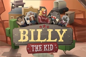 カートゥーンスタイルの西部のキャラクターと「BILLY THE KID」と描かれた看板のあるポスター。