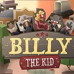 カートゥーンスタイルの西部のキャラクターと「BILLY THE KID」と描かれた看板のあるポスター。