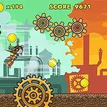 工場の背景、コイン、ギアが並ぶ中で飛ぶキャラクター。
