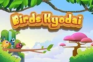 カラフルな鳥たちが木の枝にとまっている風景とピンクの木が描かれたイラスト。