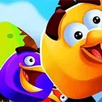 色鮮やかなオレンジと紫のコミカルな鳥が笑顔で飛んでいるイラスト。