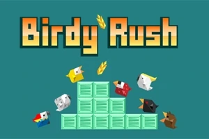 カラフルな鳥たちが緑のボックスの周りに集まっているイラストと「Birdy Rush」の文字。