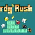 カラフルな鳥たちが緑のボックスの周りに集まっているイラストと「Birdy Rush」の文字。