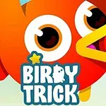 オレンジ色の鳥のキャラクターが青空を背景にしているイラスト。