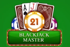 緑の背景にトランプのエースとジャック、中央に21と書かれたチップ、下に「BLACKJACK MASTER」の文字。