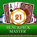 緑の背景にトランプのエースとジャック、中央に21と書かれたチップ、下に「BLACKJACK MASTER」の文字。