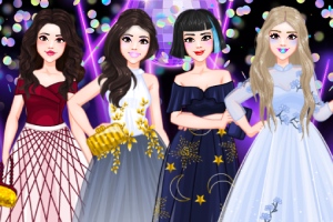 4人の女性がカラフルなドレスを着て並んでいる夜のパーティーシーン。