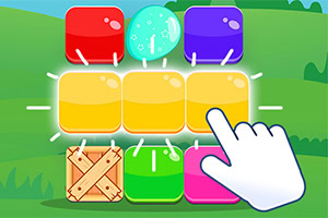 カラフルなブロックと指が描かれた明るい背景のイラスト。