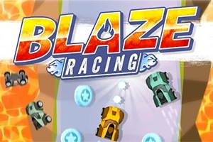 カラフルなレーシングカーが走行するサーキットの上に、大きく「BLAZE RACING」と描かれた画像。