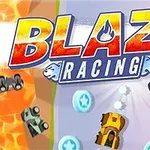 カラフルなレーシングカーが走行するサーキットの上に、大きく「BLAZE RACING」と描かれた画像。