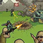 兵士たちが緑の野原で戦い、大砲や戦車が爆発するシーン。