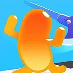 オレンジ色のキャラクターが大きな青い斧を避けようとしている様子。