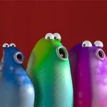 カラフルなキャラクター4体が目を大きく開いて並んでいる。