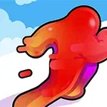 赤いジェリーのキャラクターが、雲のある青空の背景を背に白い道を走っている。
