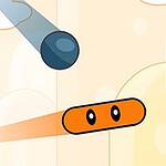 オレンジ色の楕円形のキャラクターと青いボールが黄色いブロックの背景で浮かんでいるイラスト。