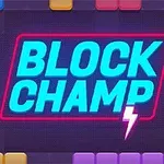 カラフルなブロックが背景に配置され、中央に「BLOCK CHAMP」という文字と稲妻マークが描かれたデザイン。
