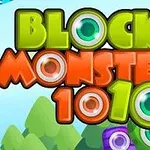 カラフルなテキストBLOCK MONSTERS 1010と目のデザインが施されたブロックが描かれている画像。