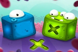 青と緑の立方体のキャラクターが目と口のある可愛いデザインで、中央に「X」の形がある。