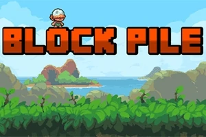 緑の茂みと島々を背景に、大きな「BLOCK PILE」という文字の上にキャラクターが立っている。