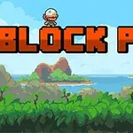 緑の茂みと島々を背景に、大きな「BLOCK PILE」という文字の上にキャラクターが立っている。