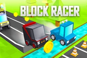 ブロック風の車が道路と水色のコースを走行している様子と、背景に大きくタイトル文字が表示されている。