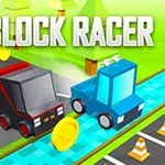 ブロック風の車が道路と水色のコースを走行している様子と、背景に大きくタイトル文字が表示されている。