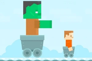 緑色の大型キャラクターと小型のキャラクターが、それぞれカートに乗って並んでいるイラスト。