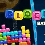 カラフルなブロックと宇宙服を着たキャラクターが描かれた宇宙背景の画像。