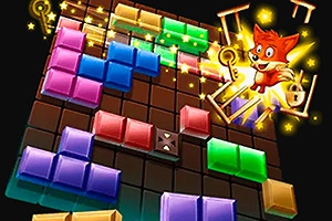 カラフルなブロックが並ぶパズルボードと、鍵を持ったキツネのキャラクター。