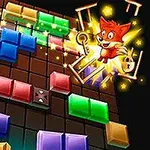 カラフルなブロックが並ぶパズルボードと、鍵を持ったキツネのキャラクター。