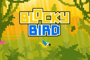 ブロックスタイルの鳥が飛ぶ、黄色と緑が基調のピクセルアート風背景にタイトルテキストが配置された画像。