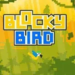 ブロックスタイルの鳥が飛ぶ、黄色と緑が基調のピクセルアート風背景にタイトルテキストが配置された画像。