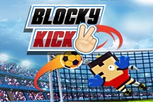 サッカー場でゴールキーパーがブロック状のサッカーボールを止めるシーンのアニメーション。