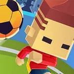 サッカーフィールドで赤いシャツを着たキャラクターがボールを蹴ろうとしている様子。