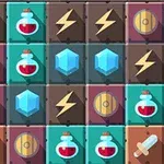 剣、ポーション、雷、盾、青い宝石が並んだタイル式のパズルゲームのスクリーン。