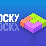 青い背景にカラフルなブロックのイラストと英語の文字。