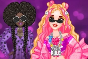 カラフルなヘアスタイルとサングラスを着用した二人のファッションアイコンが並んでいるイラスト。