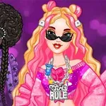 カラフルなヘアスタイルとサングラスを着用した二人のファッションアイコンが並んでいるイラスト。