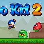 青い帽子をかぶったキャラクターが緑と赤のモンスターの間でジャンプしているピクセルアートスタイルの場面。