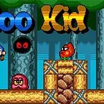 青いキャラクターが敵と森の中でジャンプしている場面。