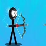 青い背景の中で、弓を持った2体のスティックフィギュアが向かい合い、片方はヘルメットをかぶっている。