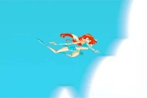 青い空を背景に、赤い髪のキャラクターが雲の間を飛んでいる。
