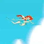 青い空を背景に、赤い髪のキャラクターが雲の間を飛んでいる。