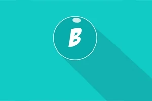 青い背景に白い縁取りの円の中に「B」の文字が描かれ、長い影が伸びている。