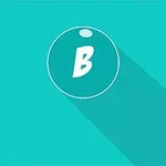 青い背景に白い縁取りの円の中に「B」の文字が描かれ、長い影が伸びている。