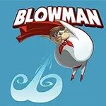 青い背景に、赤いマントを付けた白いスーツのキャラクターが風に乗っているイラスト。